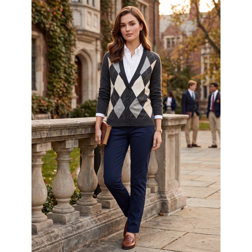 Old Navy Cardigan Women S 2010s Y2K Preppy Academic Argyle Knit V-Neck Layering